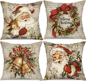 DFXSZ Christmas Pillow Covers 18x18 inch Set of 4 Santa Claus Reindeer Decorative Vintage Throw Pillow Covers Winter Retro Farmhouse Decoration f